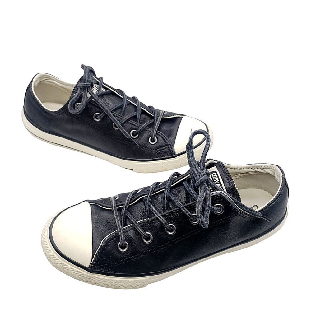 Converse Leather Black Lace Up Flat Sneaker Shoes Slip On Round Toe Size 3 EU35‎